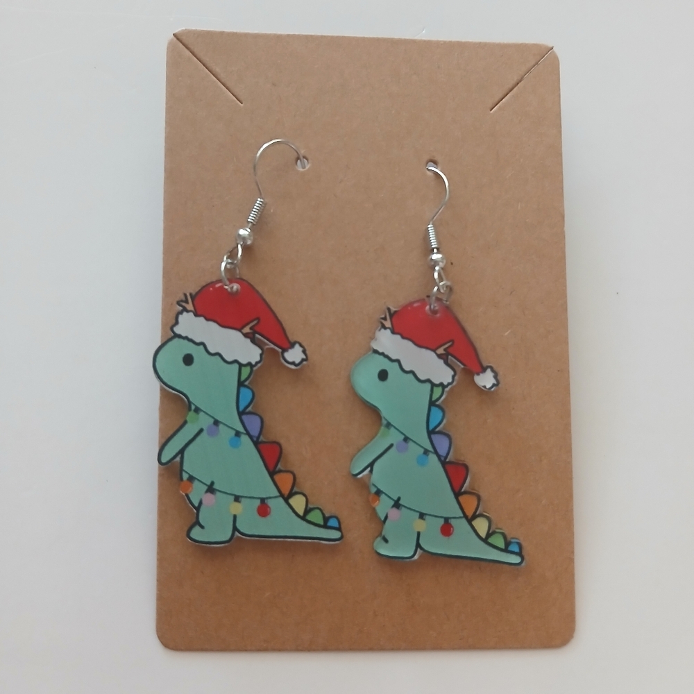 Fashion Jewelry Dinosaur Christmas Earrings - Red and Green